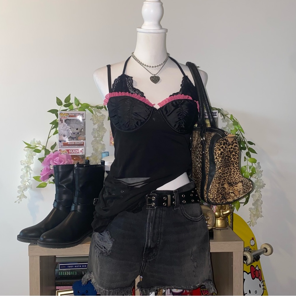 2000s black mesh & pink trim babydoll ruffled lingerie top w/ adjustable straps